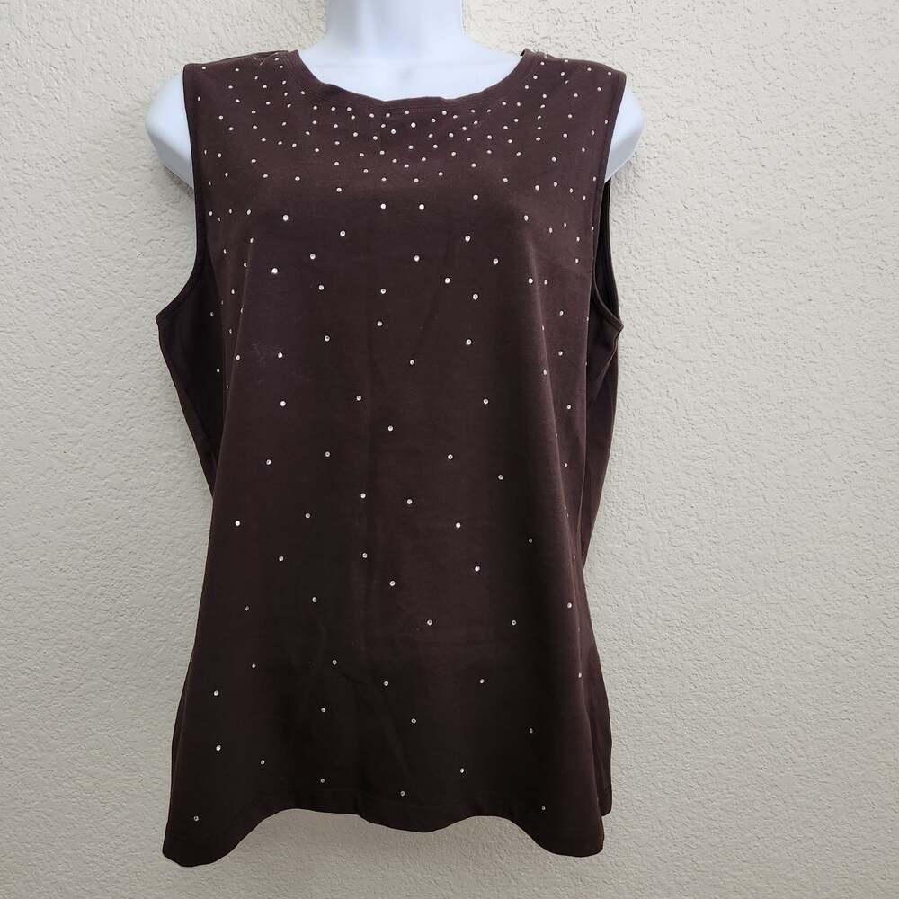 Talbots Brown Diamond Rhinestones Sleeveless Top Large Lightweight Stretch Soft